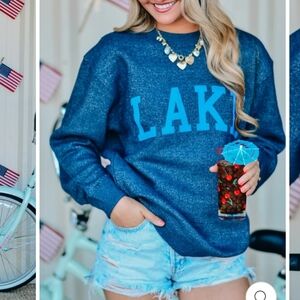 Southern Bliss Blue LAKE Graphic Sweater Top